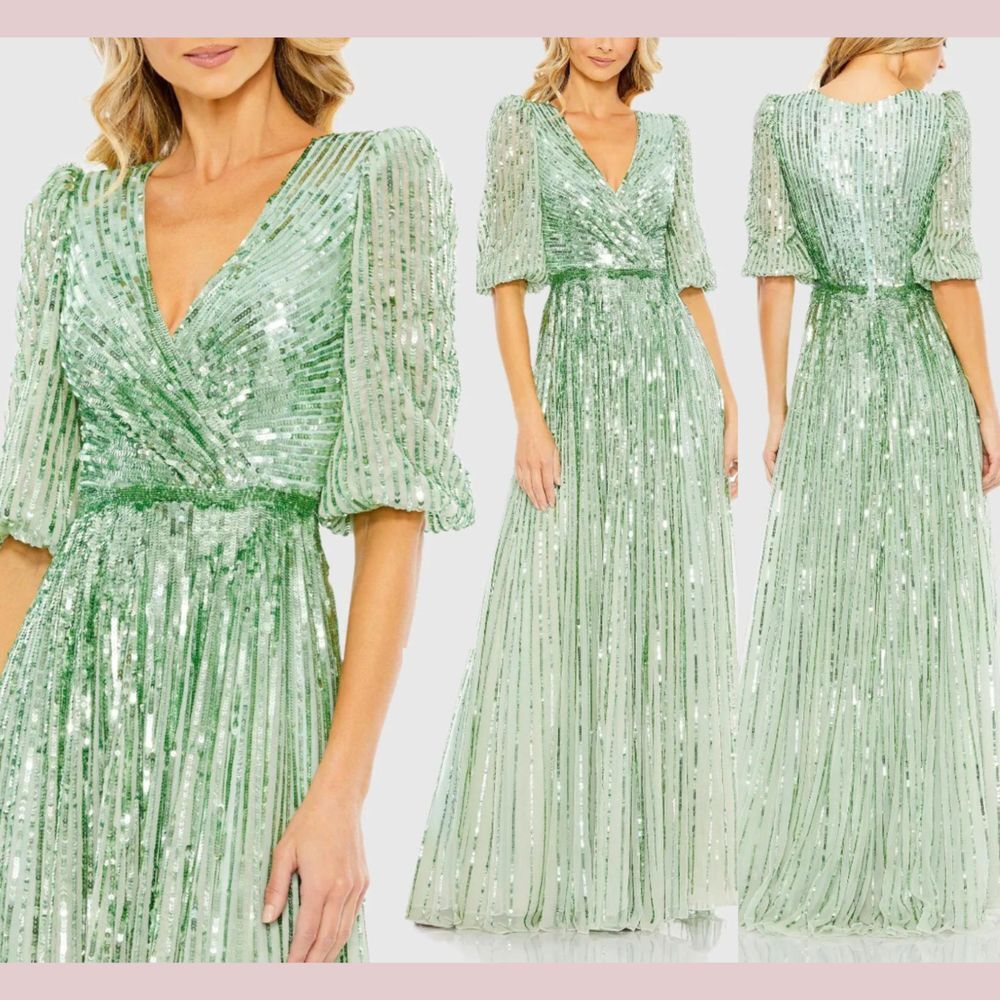 NWT $598 Mac Duggal [ 14 ] 5509 Sequin Wrap Over 3/4 Sleeve Gown Sage green‎